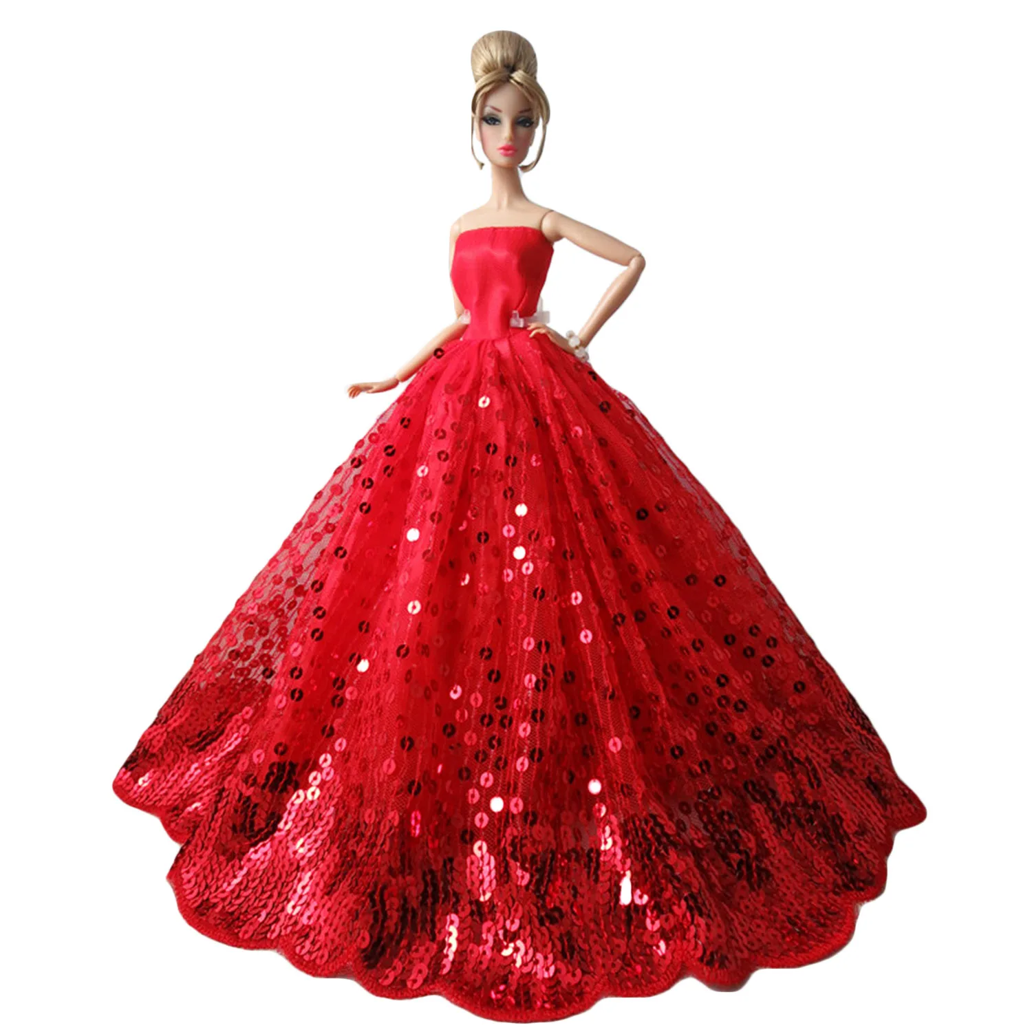 Besegad Mini Girl Doll Long Lace Gauze Dresses Evening Princess Gown Wedding Embroidered Clothes Accessories for Barbie Toy - Цвет: Red with Sequins