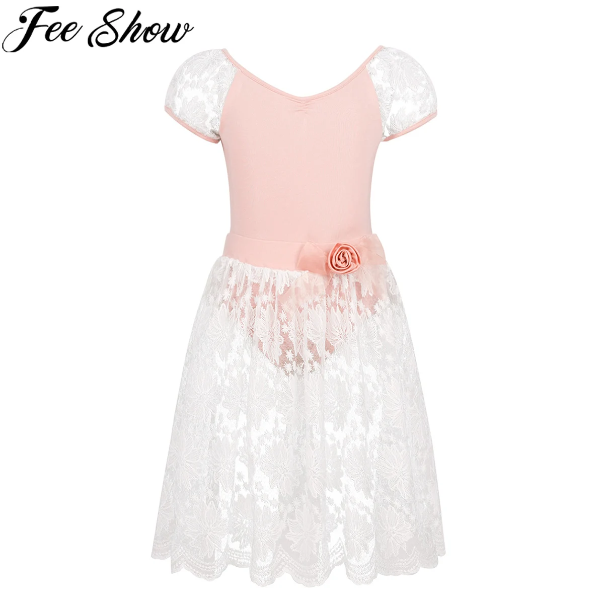 

FEESHOW Kids Girls Clothes Short Puff Sleeves Cotton Ballet Dance Gymnastics Leotard Embroidery Floral Lace Skirt Outfit Set