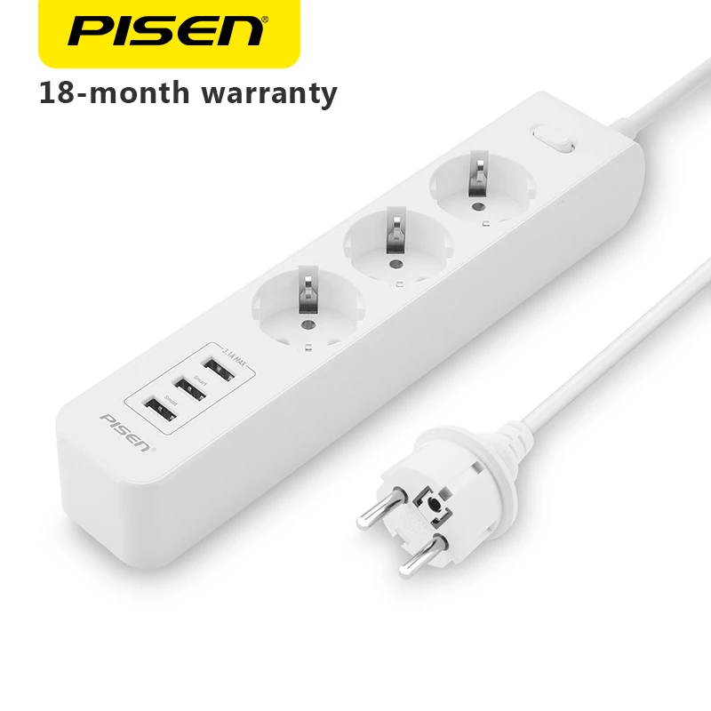 

PISEN Power Strip 3 Port USB 3 AC Outlets Plug Socket USB Wall Socket Smart Extension Socket Power Button Surge Protector