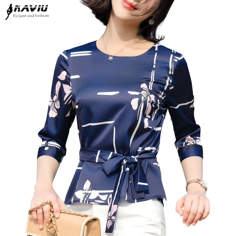 

Fashion temperament printed Satin shirt 2019 Summer New O Neck half sleeve slim bow blouses office ladies formal work tops