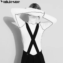 Harajuku футболка женская футболка длинные рукава Черный Белый patchowrok с высоким плотно облегающим шею воротником с рюшами обтягивающие женские сапоги Рубашка футболки для женщин