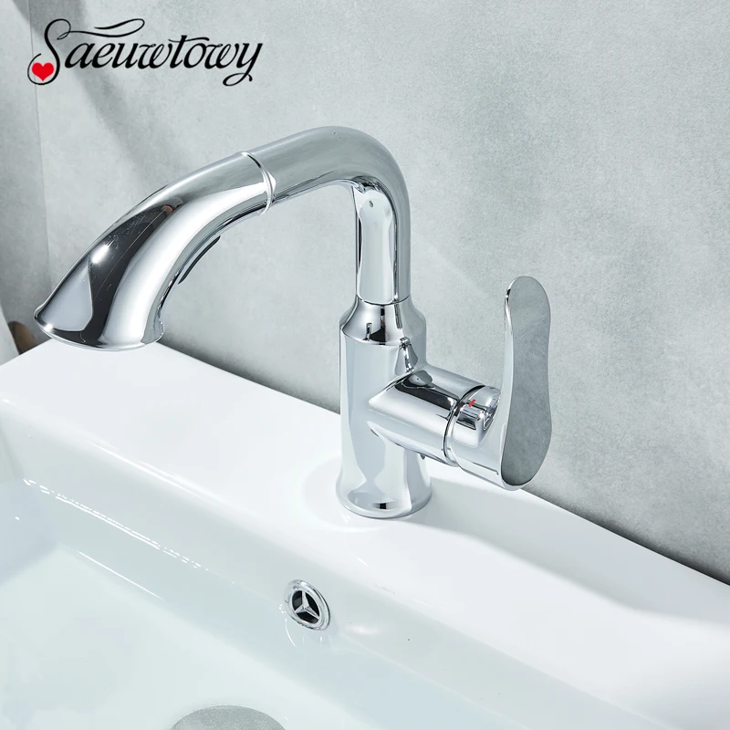 

Saeuwtowy Chrome Basin Faucet Deck Mounted Single Holder One Hole Hot & Cold Mixer Tap Swivel Pull out Nozzle 2 waterways