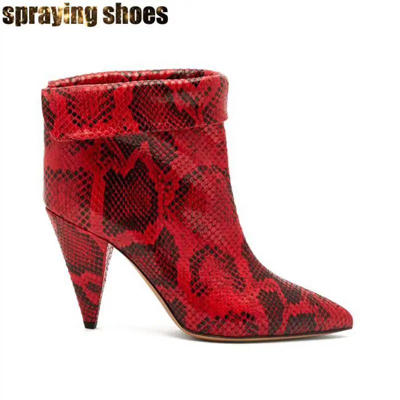 

Stylish Red Snake Print Ankle Boots For Women Sexy Ladies Autumn Winter Booties Spike Heels Pointed Toe Leather Boots Large Size