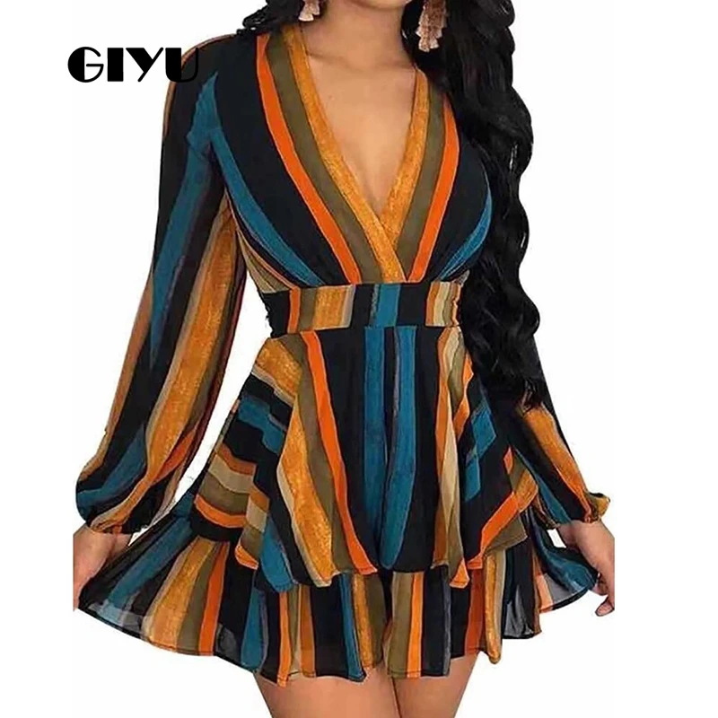 

GIYU Spring Women V Neck Long Sleeve Dress Party Mini Dresses Ruffles Vestido Sexy A Line High Waist robe femme