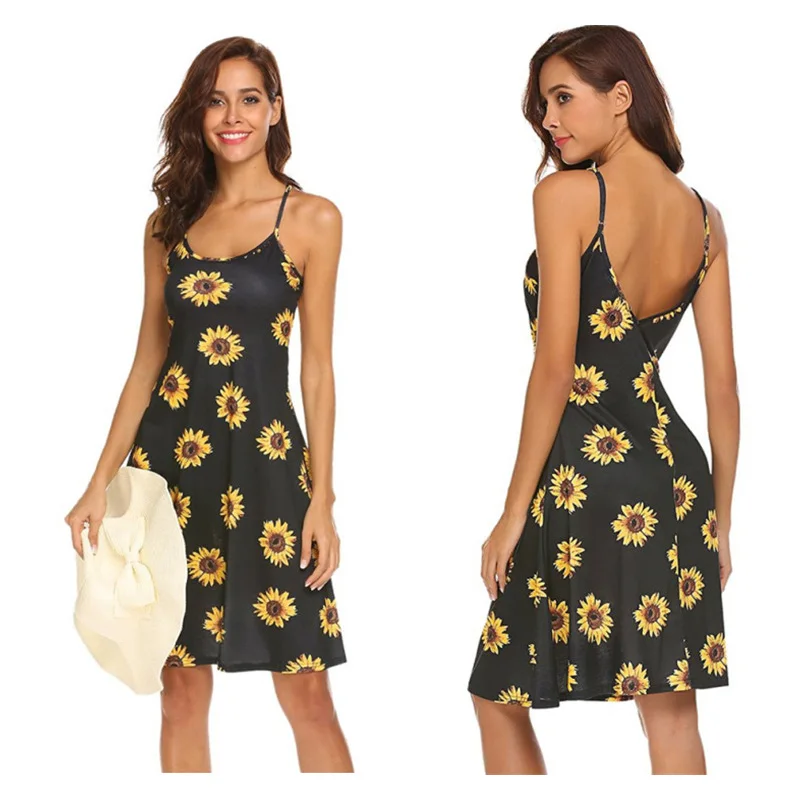 

Europe and America Ladies Spring and Summer Print Sexy Suspenders Beach Dress