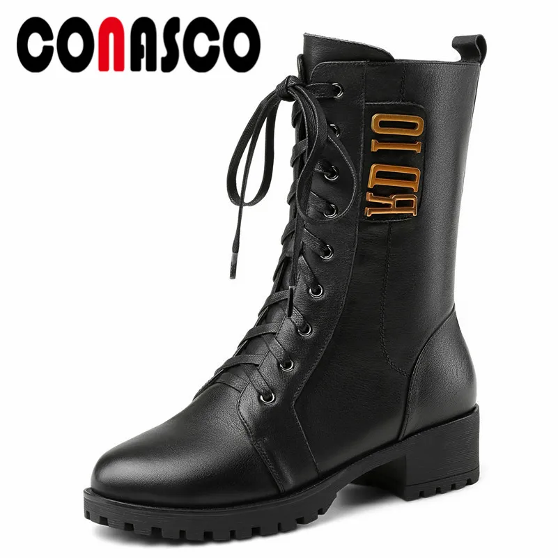 

CONASCO Punk Black Genuine Leather Ankle Boots For Women High Heels Lace Up Martin Shoes Woman Soft Leather Short Basic Boots