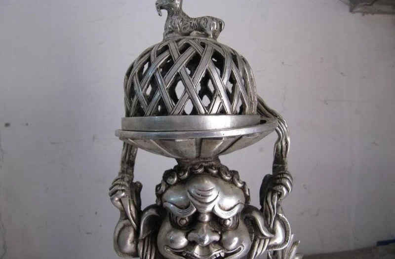 

Chinese White Copper Silver Feng Shui Foo Dogs Lion Play Elephant censer Statue