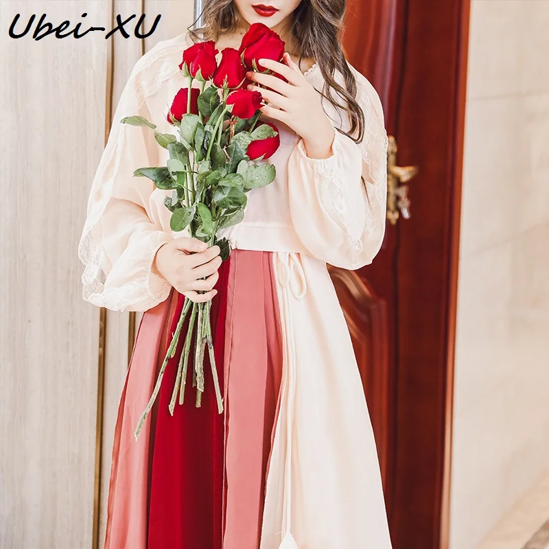 

Ubei New vintage lace chiffon cardigan loose lantern sleeves short smock + chiffon splicing chiffon long dress sets