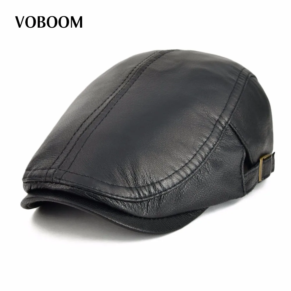 VOBOOM Sheepskin Leather Beret Flat Cap Men Women Spring Summer Ivy Adjustable Breathable Soft Cabbie Newsboy Hat 121