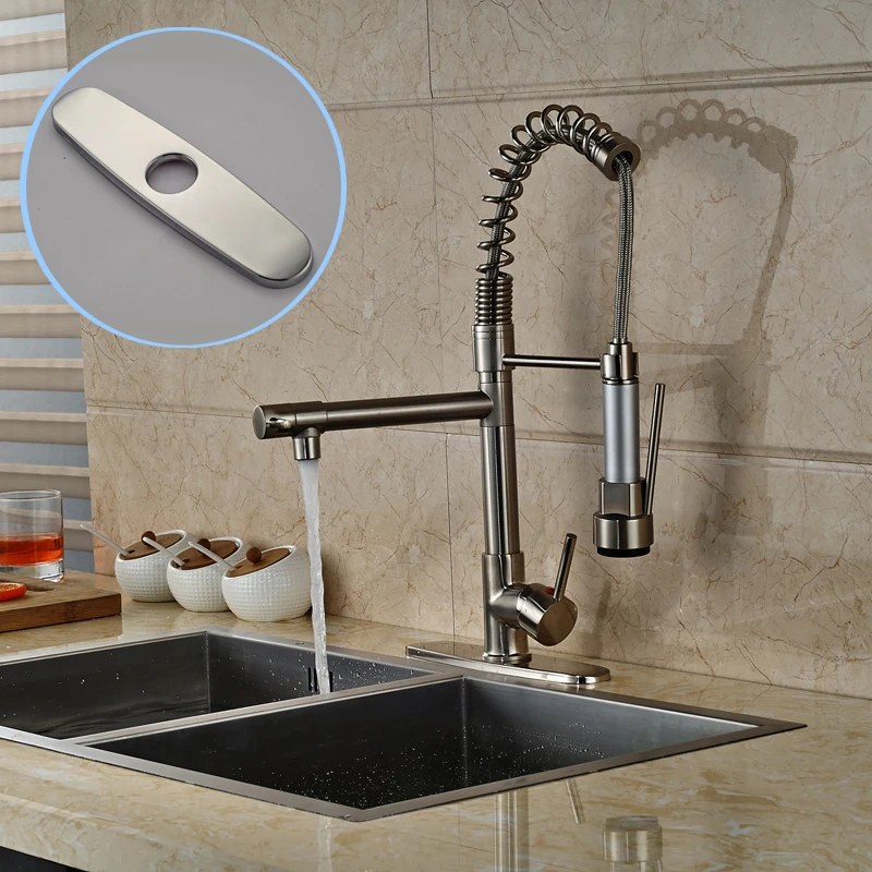 Brushed Nickel Pull Down Spring Kitchen Faucet Deck Mount 2 Swivel Spout Mixer Tap Single Handle