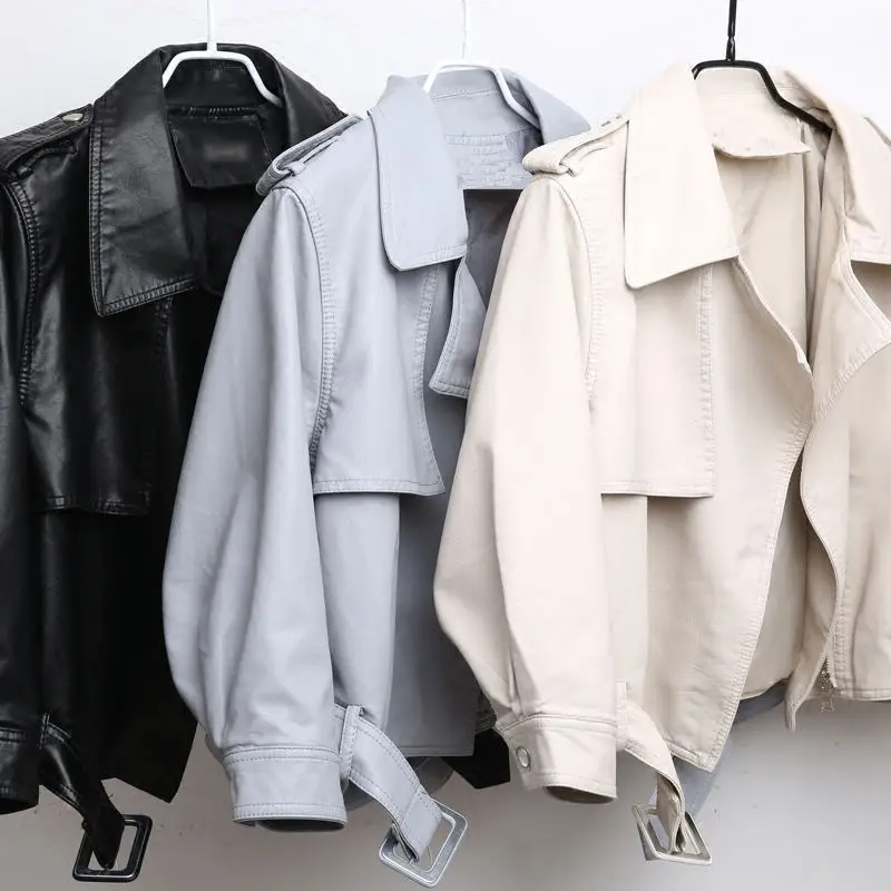 

New Lapel Motorcyc Leather Jacket Women Adjustable Waist PU Faux Leather Jacket Coat Black Pink Short Biker Jacket Female C5347