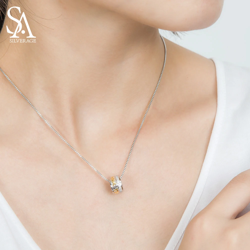 

SA SILVERAGE 925 Sterling Silver Long Necklaces Pendants 14K Gold Color Pendant Round Lover Letter Scriptures New Year Gift