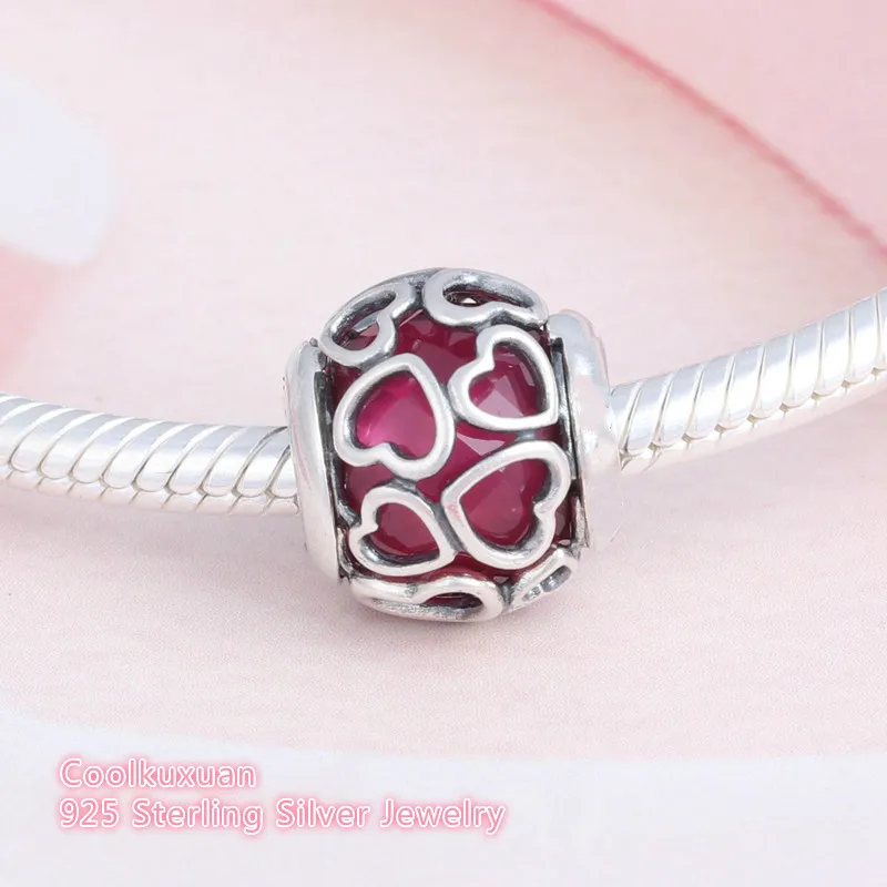 

2019 Valentine's Day Cerise Crystal Beads 925 Sterling Silver Cerise Encased in Love Hearts Charm Bead Fits Brand bracelets