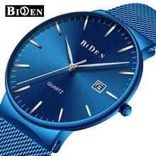 2018 BIDEN Mens Relógios de Luxo Azul Moda Aço Inoxidável Analógico Quartz Watch Homens de Negócios Simples Relógio de Pulso Ultra-fino