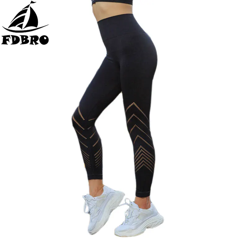 

FDBRO High Waist Sexy Skinny Hollow Out Elastic Quick Dry Leggings For Women Yoga Ankle-Length Pants Sport Pants Run Dance Gym