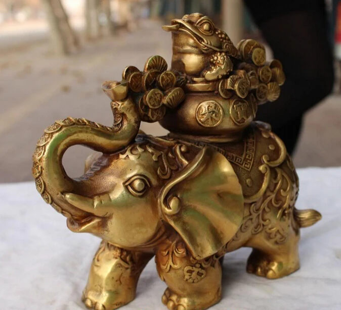 

shitou 001179 8" Chinese Bronze Wealth Spittor Gold Cicada Ju Bao pen Money On Elephant Statue