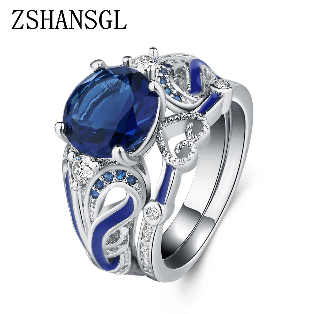 Squisito Love Design Crown Hand Heart Claddagh Ring Set Aaa Silver Color Filled Blue Cz Crystal Rings Per Gioielli Da Donna