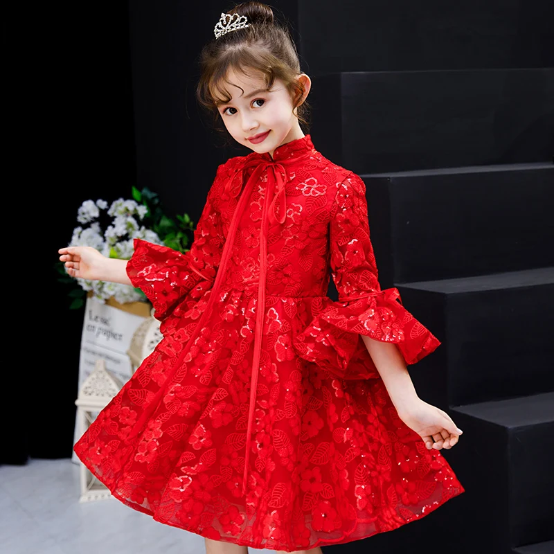 

Red Sequined Embroidery Flower Girl Dresses Flare Sleeve Stand Collar Evening Dress Long Sleeve Ball Gown Kids Pageant Dress