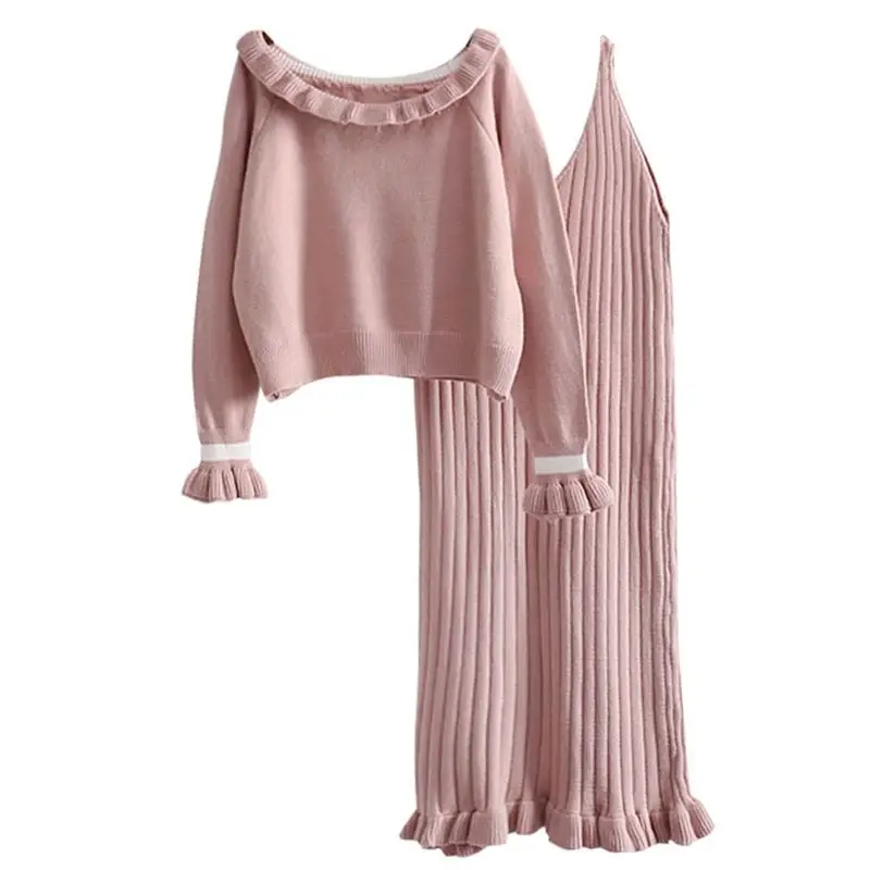 

Woman Winter 2018 Knitted Dress Sweater Tracksuit Set Female Elegant Ruffles Long Warm Pullovers Strap Dress Two Piece Suit A72