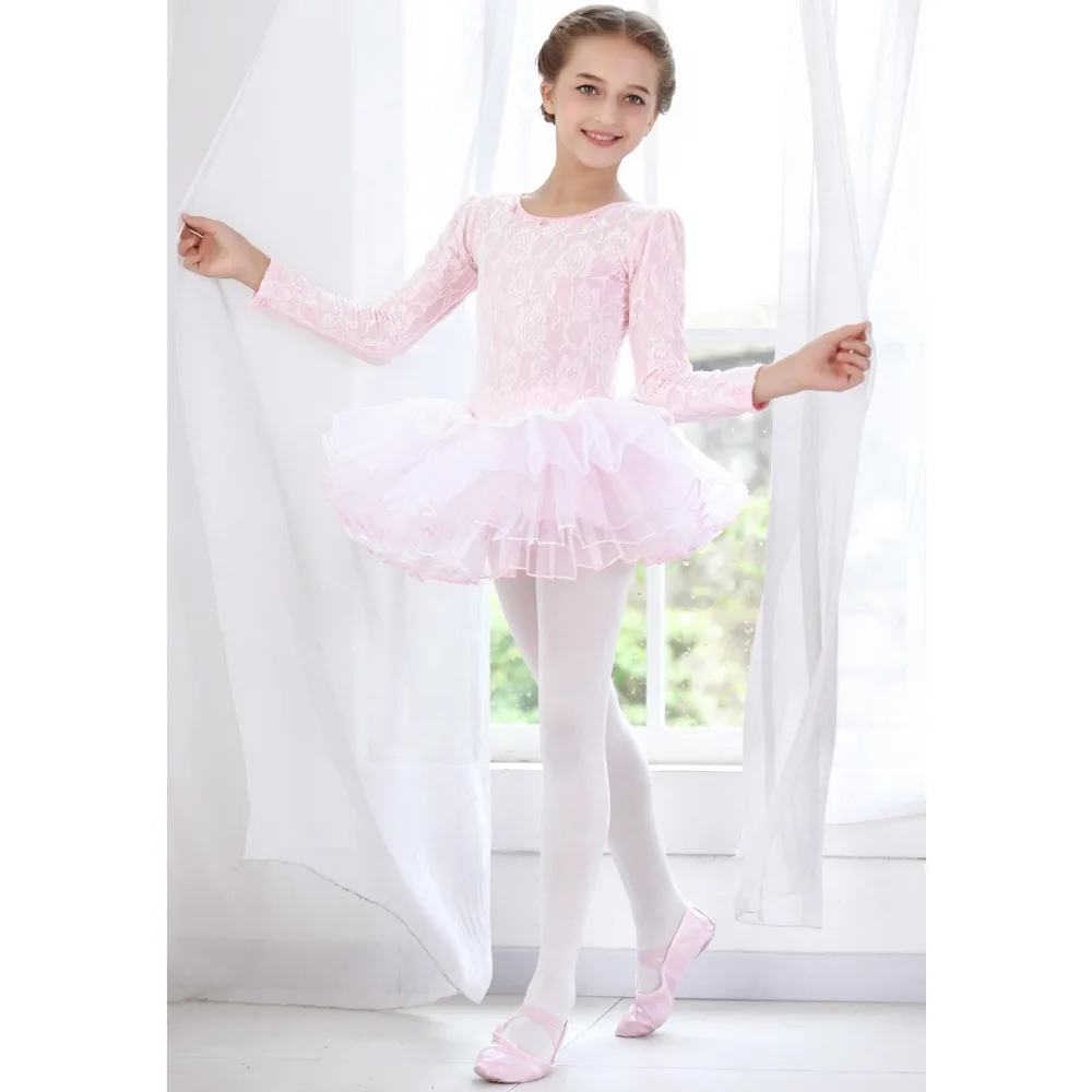 Балетное платье балерины розовые кружевные балетные костюмы для девочек с длинными рукавами, танцевальное Тюлевое платье-пачка, трико для девочек, балетная пачка