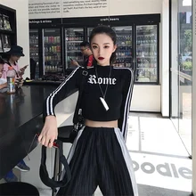 Лоскутная полосатая футболка с длинными рукавами и круглым вырезом и принтом в виде букв, тонкая хлопковая Высокая уличная футболка для тренировок в Корейском стиле