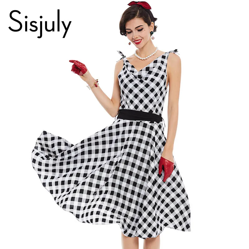 Sisjuly Women Vintage Dress 1950s Pin Ut Style Retro Plaid Patchwork Dress Summer Sashes Sleeveless V