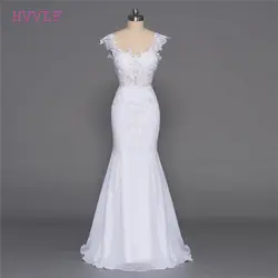 Спинки Vestido De Noiva 2019 Пляжные Свадебные платья Русалка с короткими рукавами шифон Кружева Дешевые Свадебное платье в богемном стиле