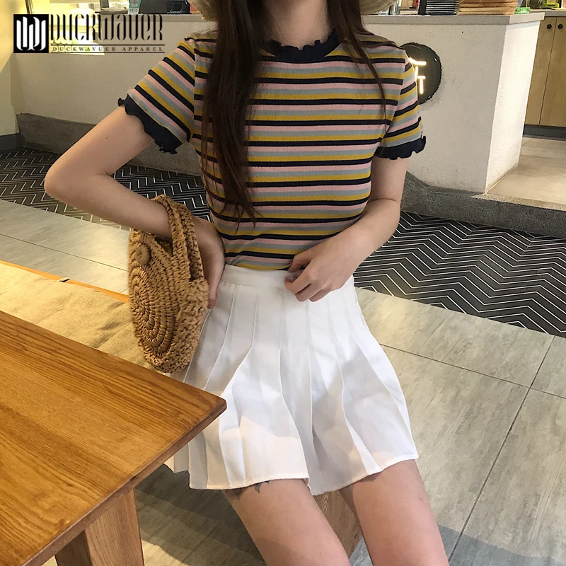Duckwaver футболка женская летняя одежда корейский стиль Ulzzang Harajuku полосатые
