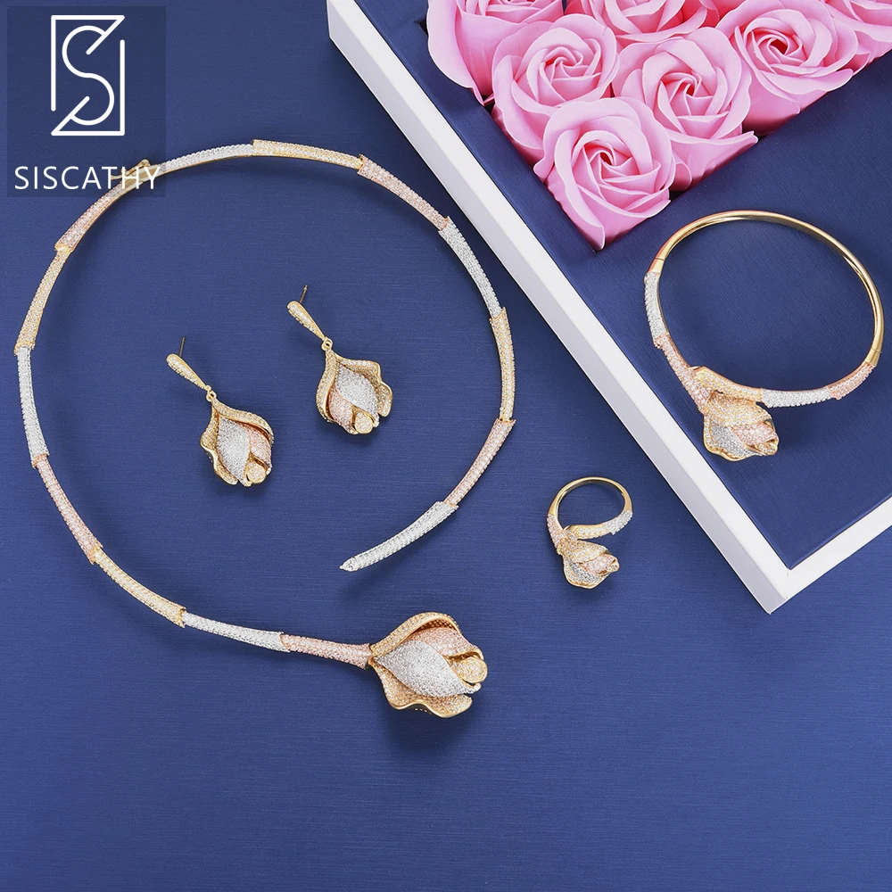 

Siscathy Cubic Zirconia Flower Shape Necklace/Earrings/Ring/Bracelet Wedding Party Accessories Luxury 4Pcs Women Jewelry Sets
