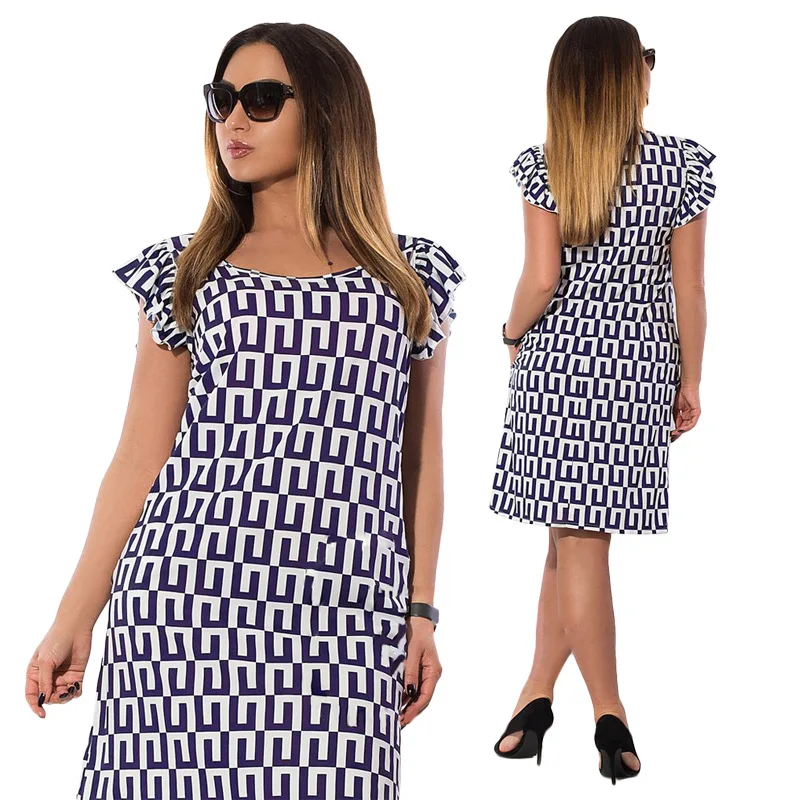 

Summer Butterfly Sleeve Printed Dresses Large Size Lady Office Big Size Dress Casual Chiffon Work Dress Vestidos Plus Size