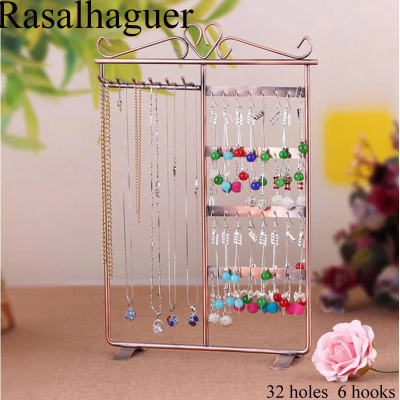 Fashion 32 Holes 6 Hooks Earrings Stud Necklace Jewelry Display Jewllery Organization Multifunction