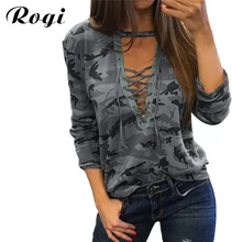 Rogi 2017 Women Camouflage Sweatshirt V-Neck Hoodies Pullovers Female Long Sleeve Bandage Tracksuits Jumper Tops Sudaderas Mujer
