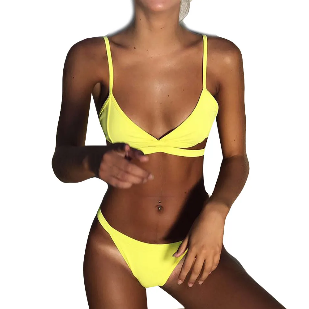 

SAGACE Sexy Solid Swimsuit Bikini Two Pieces Beachwear Yellow Bikini For Women Swimwear Push Up Sexy Yellow Bathing Suit Women