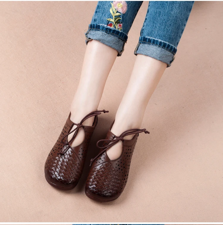 Women Flats 2018 Summer Retro Handmade Breathable Flat Cow Leather Hole Shoes Comfortable Female Sandals Lace Up Vintage Shoes (1)
