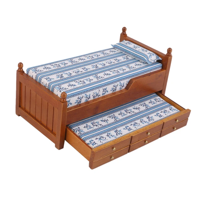 High Quality 1/12 Scale Dollhouse Furniture Miniature Wooden Drawer Bed