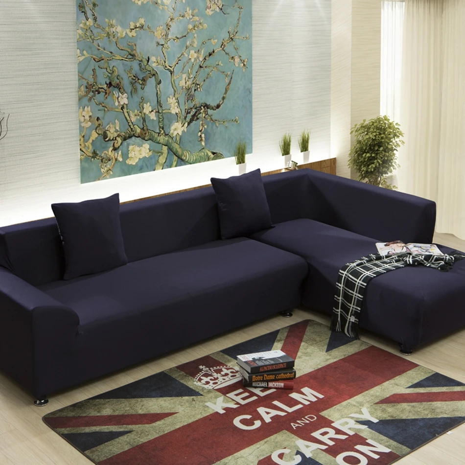 Universal azul oscuro sofá para sala, color sólido estiramiento muebles