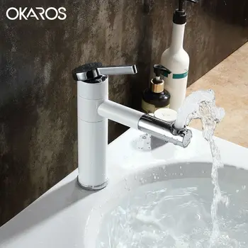 

OKAROS Moderm White Faucets Paint Braked Bathroom Basin Faucet 360 Swivel Spout Deck Mount Vessel Sink Water Mixer Tap Torneira