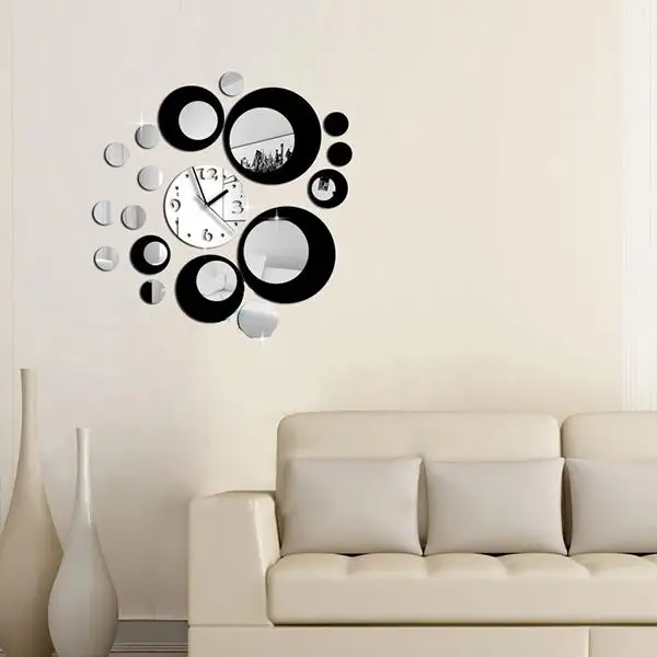 DIY Circles Acrylic Mirror black Silver Wall Clock Mural Decal Sticker Movement* | Дом и сад