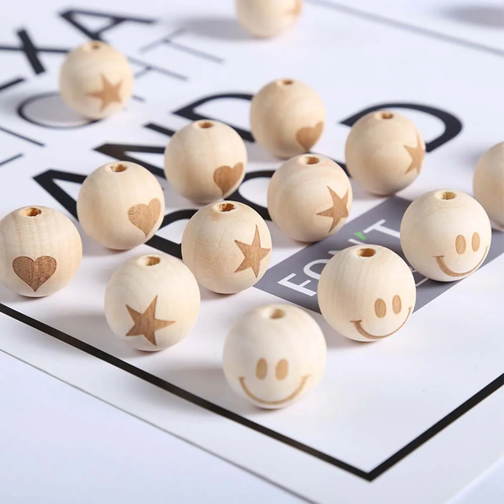 

20PCs Round Wood Beads 20mm Smile Heart Star Pattern Wooden Beads For Jewelry Making Bracelet Necklace Accessories