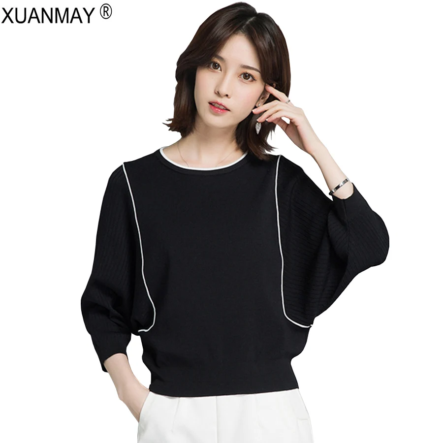 Spring Round neck Striped Knit Sweater Fashion and elegant White Sweater 2019 Brand Design black Spring Knitting Sweater woman Spring Round neck Striped Knit Sweater Fashion and elegant White Sweater 2019 Brand Design black Spring Knitting Sweater woman