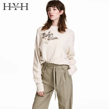 

HYH HAOYIHUI Brand Women Beige Casual Sweater Embroidery O-Neck Long Sleeve Soft Elegant Pullovers Female Fashion Tops Lady