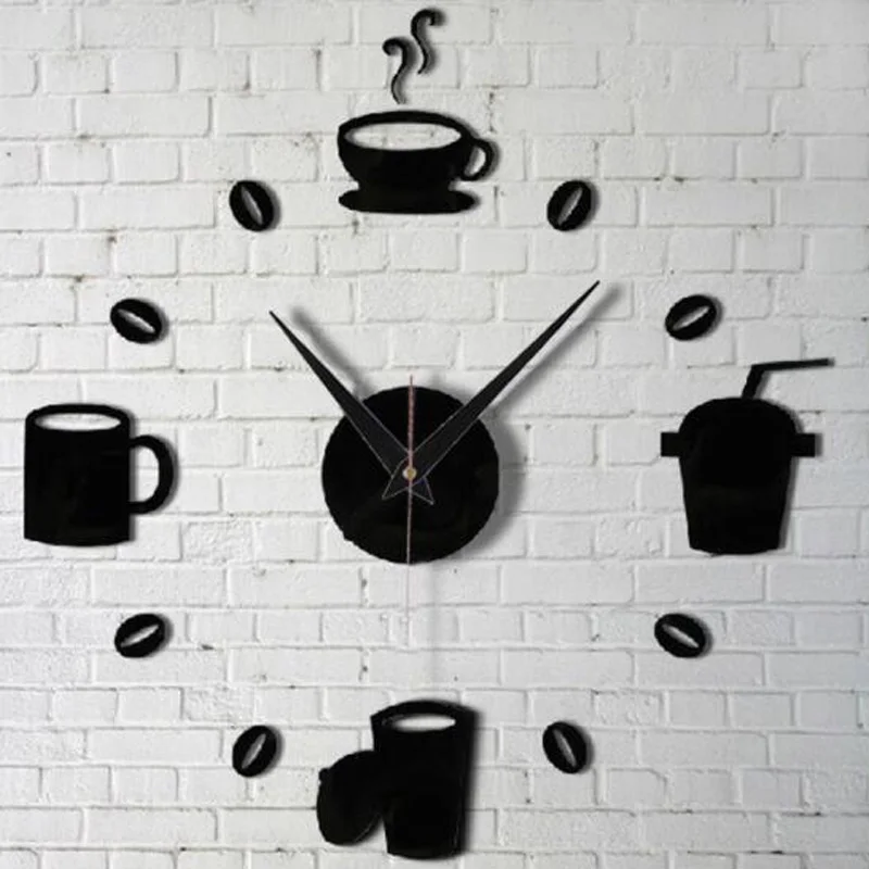 

Modern DIY Small 40cm-60cm/16-18 Inches Coffee Cup Decal Wall Clocks Silent Watch Decals Black Decorative Fashion 3D Wall Clocks