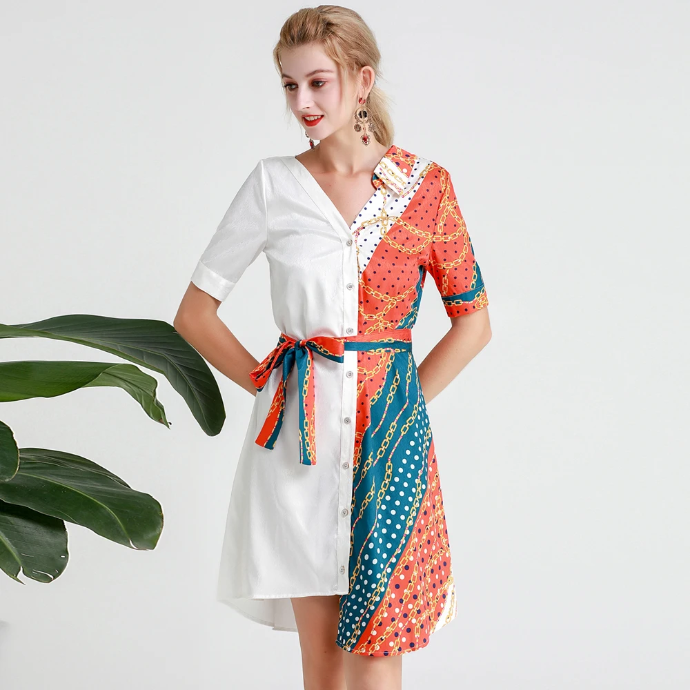 

Red RoosaRosee Designer Runway New Women Elegant Party Asymmetrical Dress Vintage Print Short Sleeve Dresses Vestidos Robe Femme