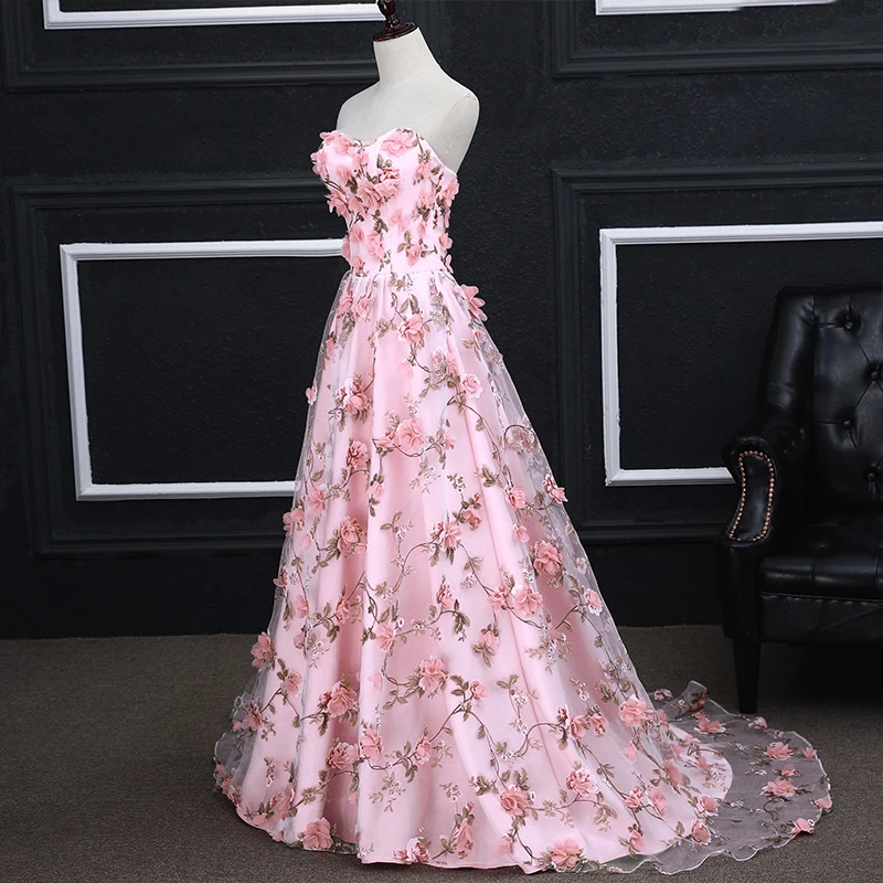 Розовые 3D Цветы вечерние платья Длинные линии Формальные Вечерние платья Мать и Dauhter невесты платья Abendkleider