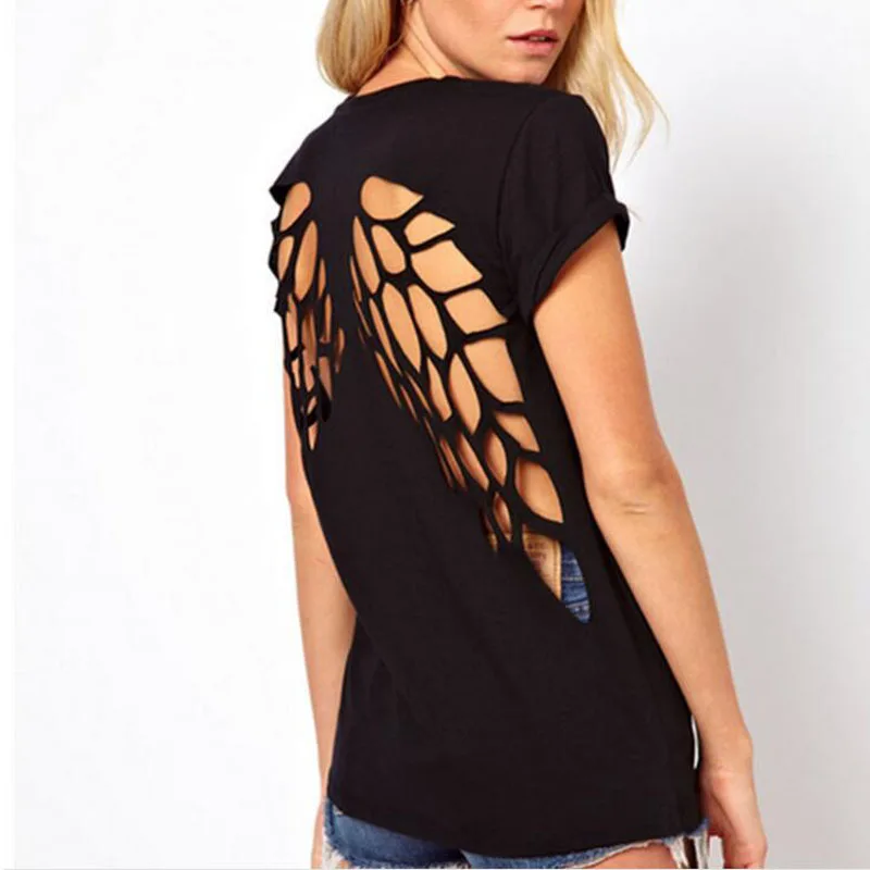 

Angel Wings T shirt hollow out Women's camiseta Feminina Tunic Back Cut out Crop tops Laser Cut O-Neck Short tee tops T-shirt
