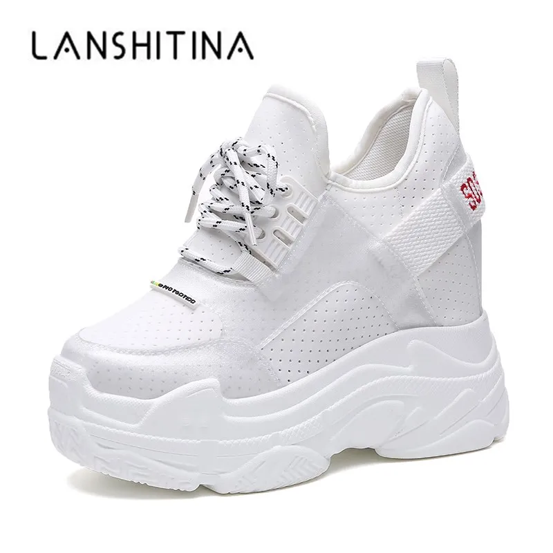 

2019 Summer Women Sneakers Mesh Casual Platform Trainers White Shoes 12CM Heels Wedges Breathable Woman Height Increasing Shoes