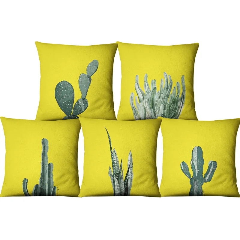 

Succulent Plants Yellow Linen Cushion Covers 45x45 Cactus Flower Pattern Green Printed Sofa Throw Pillow Case for Car Home Decor