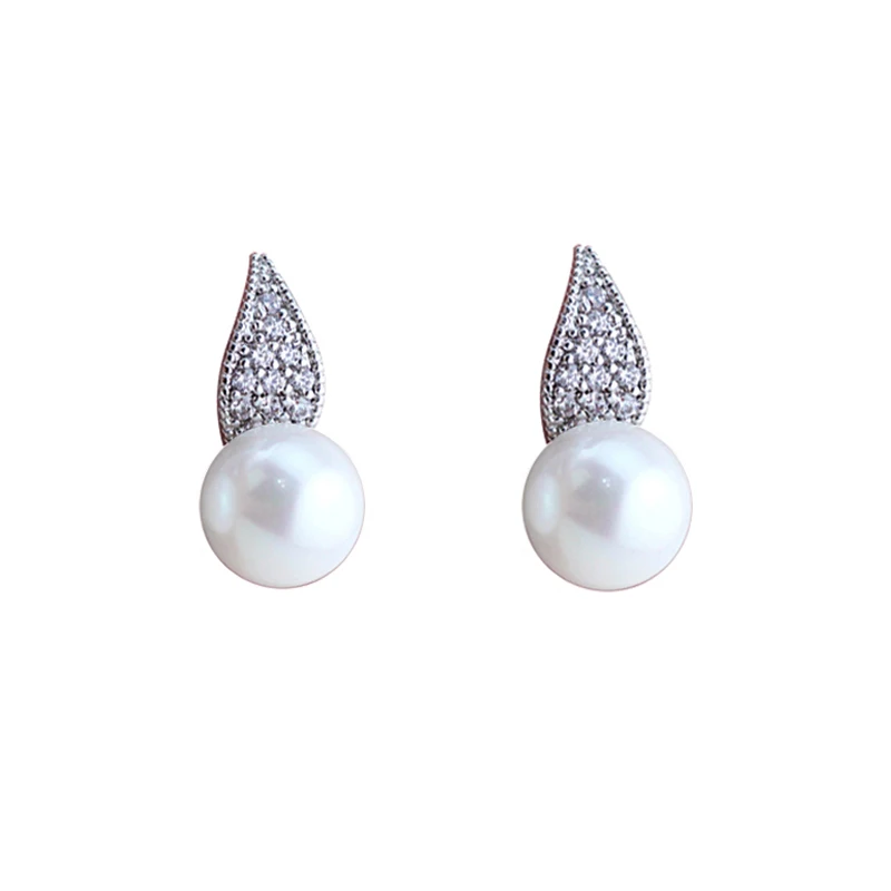 Новые оригинальные белый Серьги с жемчугом Модные украшения серебряный CZ Циркон маленький лист Форма серьги стержня для Для женщин подарочная коробка