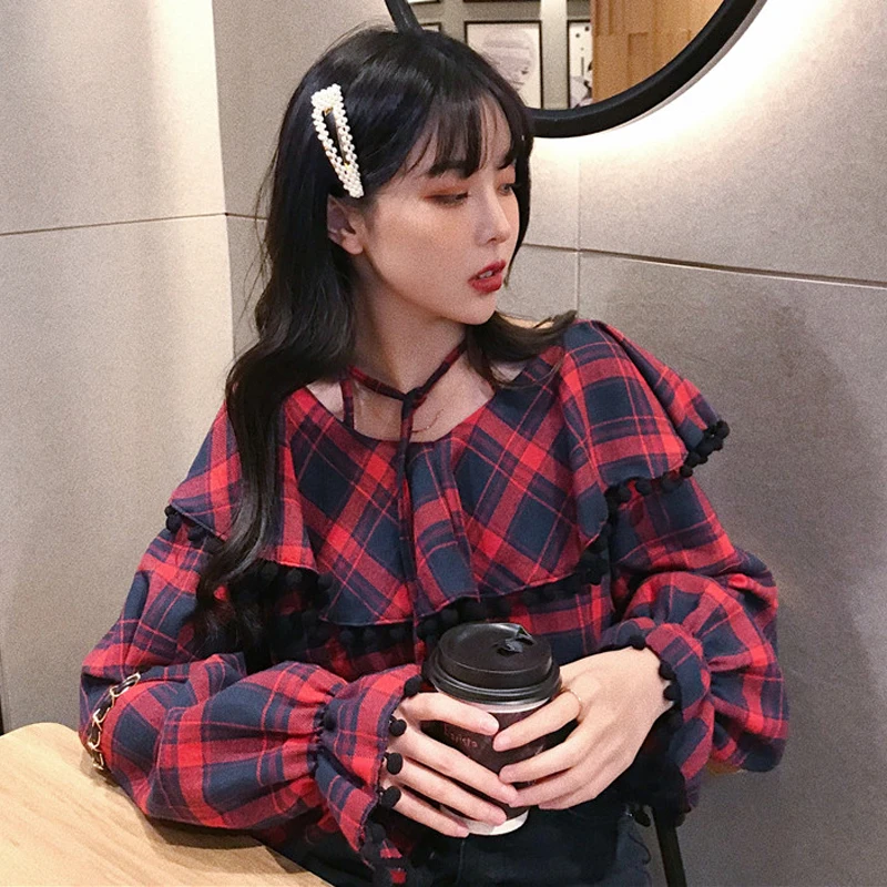 2 Colors Mihoshop Ulzzang Korean Korea Women Fashion Clothing Ruffles Casual Sweet Preppy Gird Plaid Shirt |