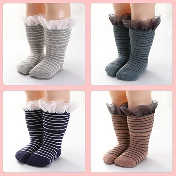 

2018 New Korean Version Autumn And Winter New Children's Girls Cuffed Tube Socks Sweet Cotton Striped Lace Baby Socks